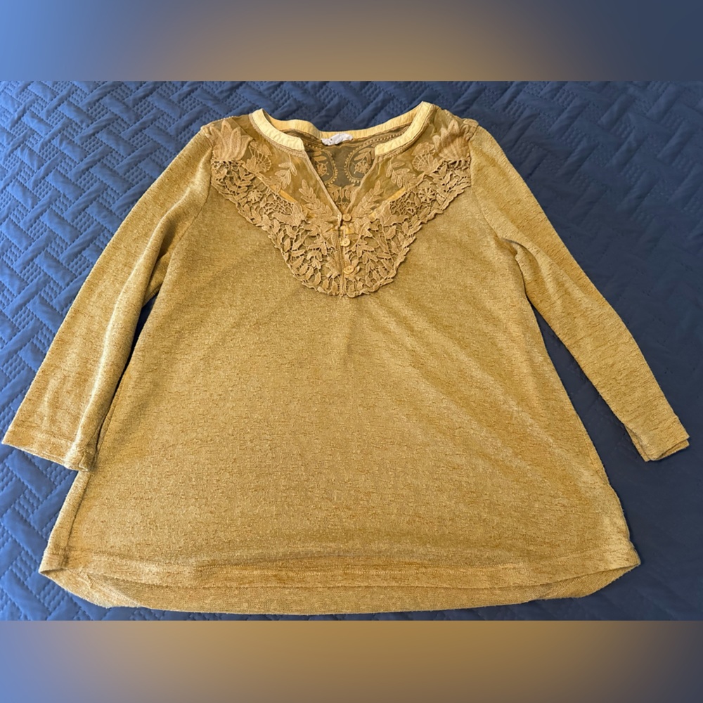 Crescent Mustard Yellow Long Sleeve Top with Lace Detail